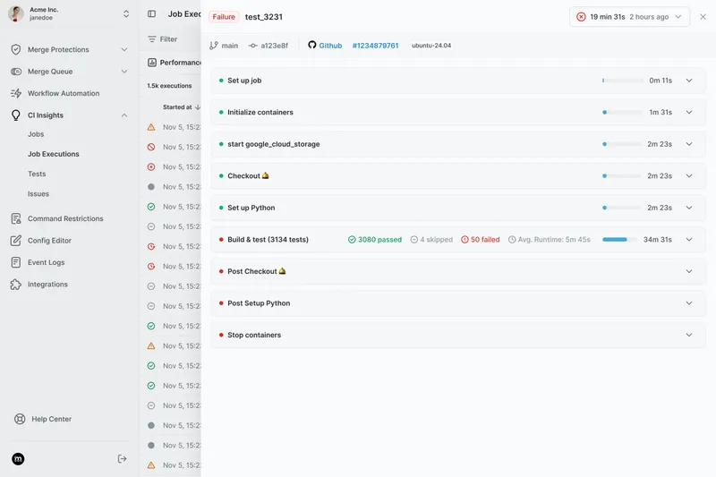CI Insights dashboard showing job execution details
