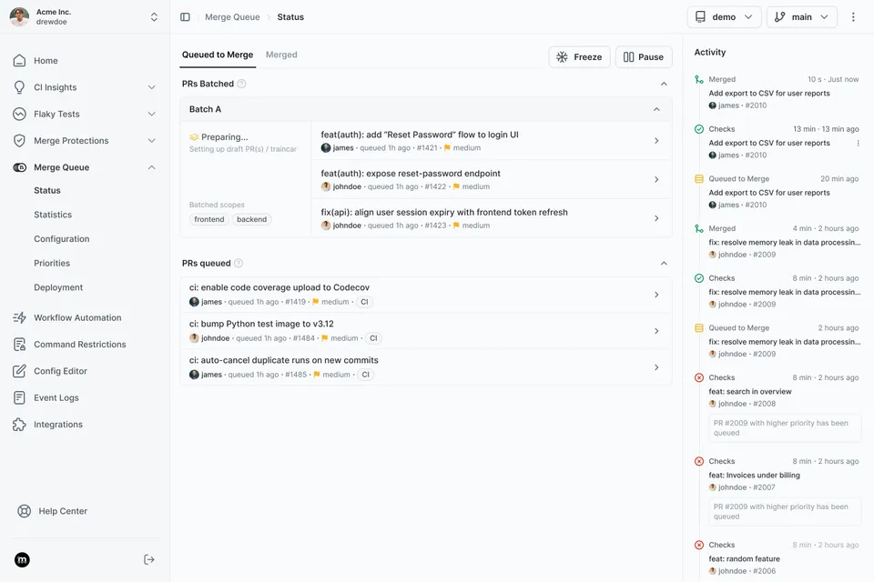 Merge Queue dashboard showing batched PRs and queue activity
