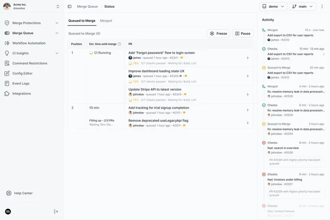 Merge Queue dashboard showing queued pull requests, batch merging, and CI status